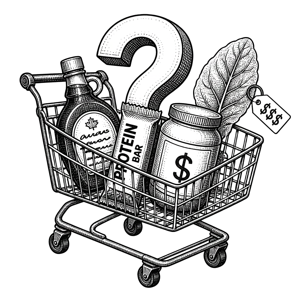 Editorial illustration of a grocery cart of dubious wellness products