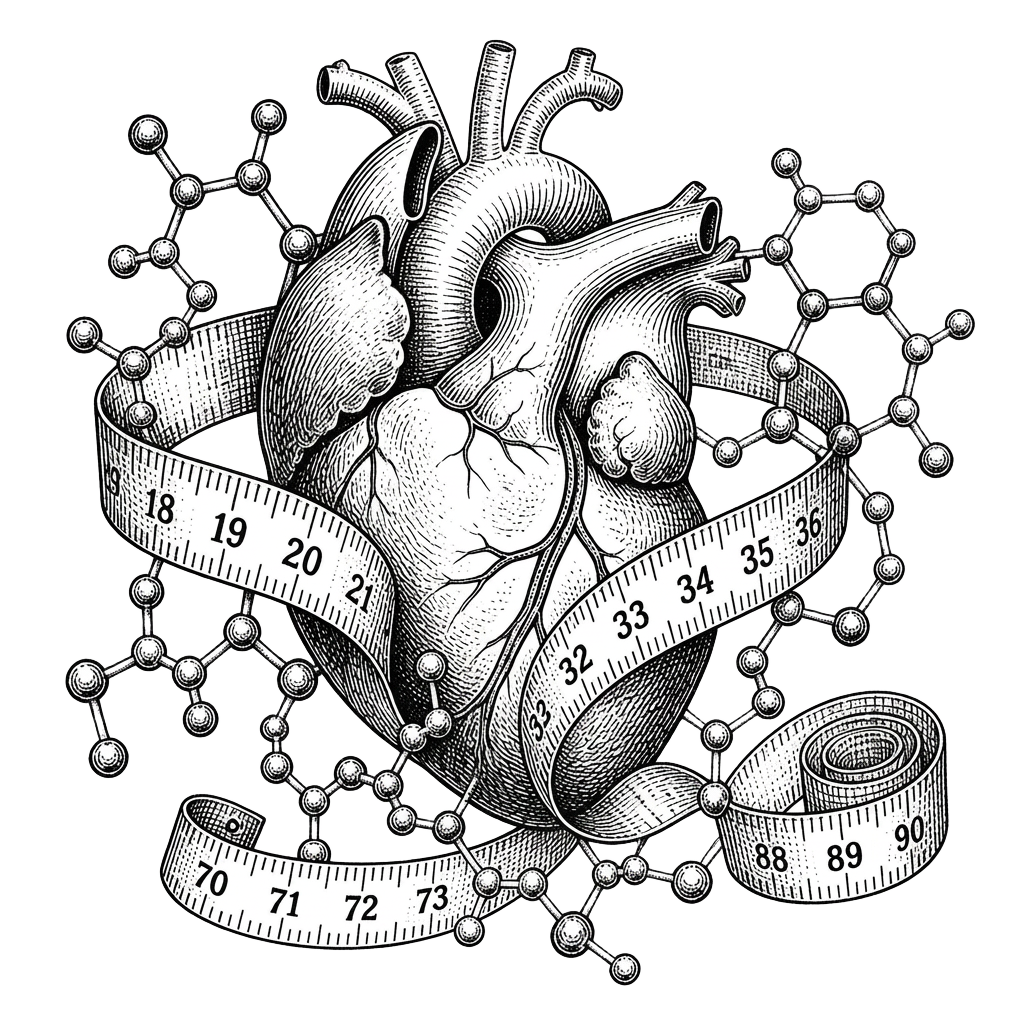 Anatomical heart wrapped in measuring tape and molecules