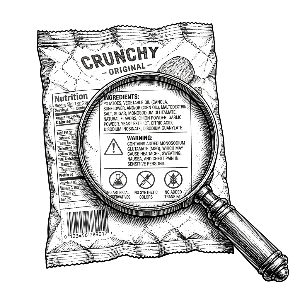 Editorial illustration of a magnifying glass over a crumpled food label