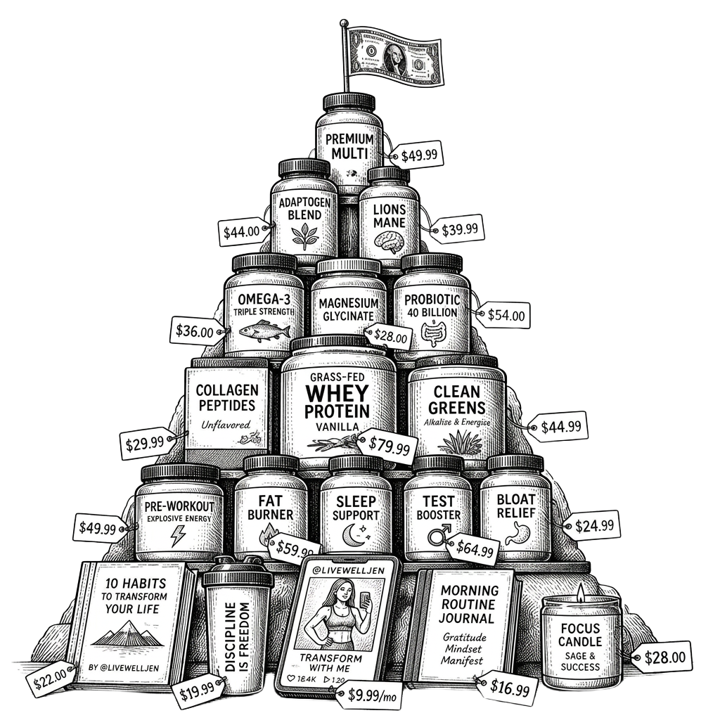 Pyramid of wellness products with price tags and a dollar bill on top